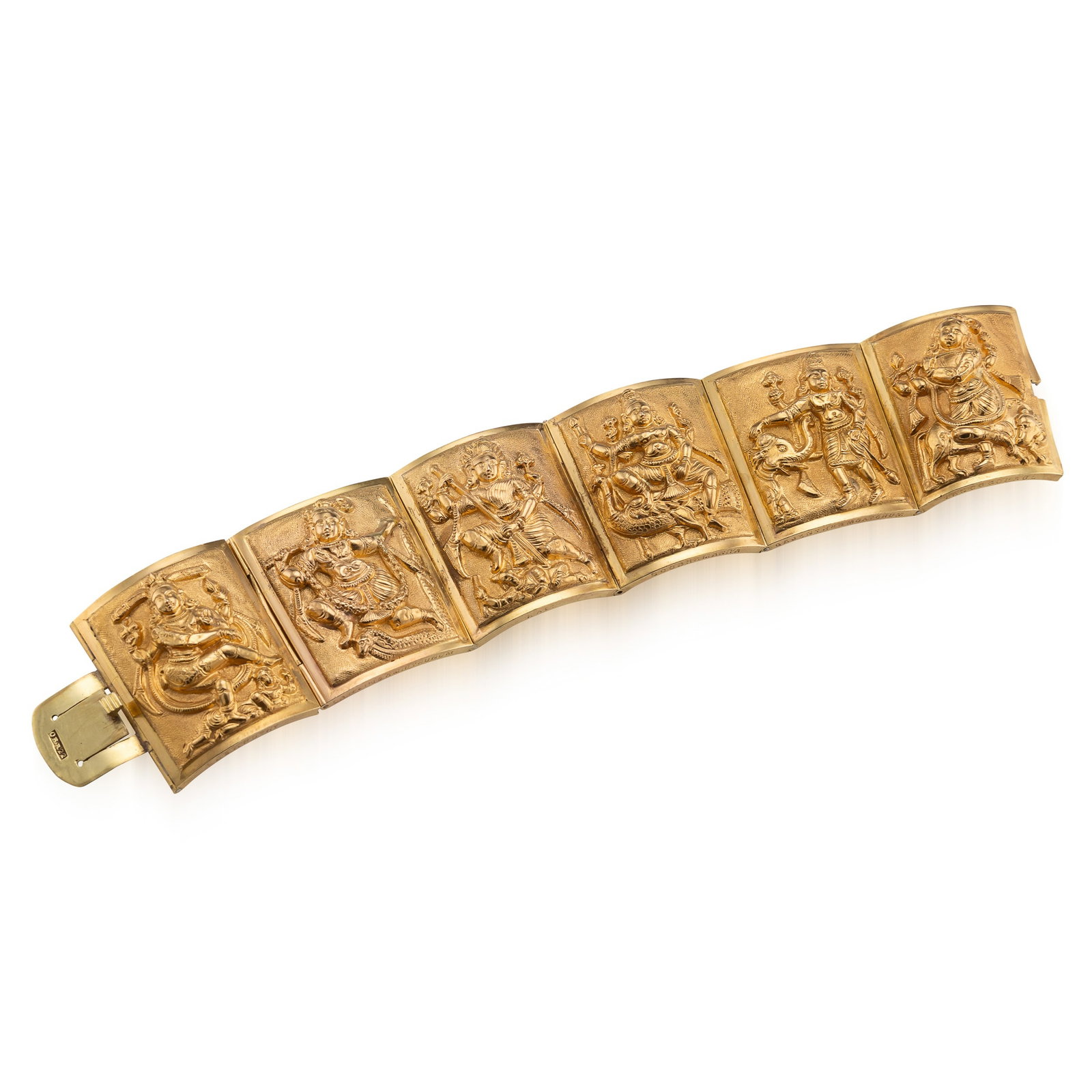 ANTIQUE 19thC INDIAN SOLID 22K GOLD BRACELET, P ORR & SONS, MADRAS c.1880: Antique 19th Century Indian solid 22k gold bracelet, composed of six hinged panels, each decorated in repoussé with Hindu deities, including Sabaruthy, Cawlingamirthuwum, Kali, Soobramaniya,