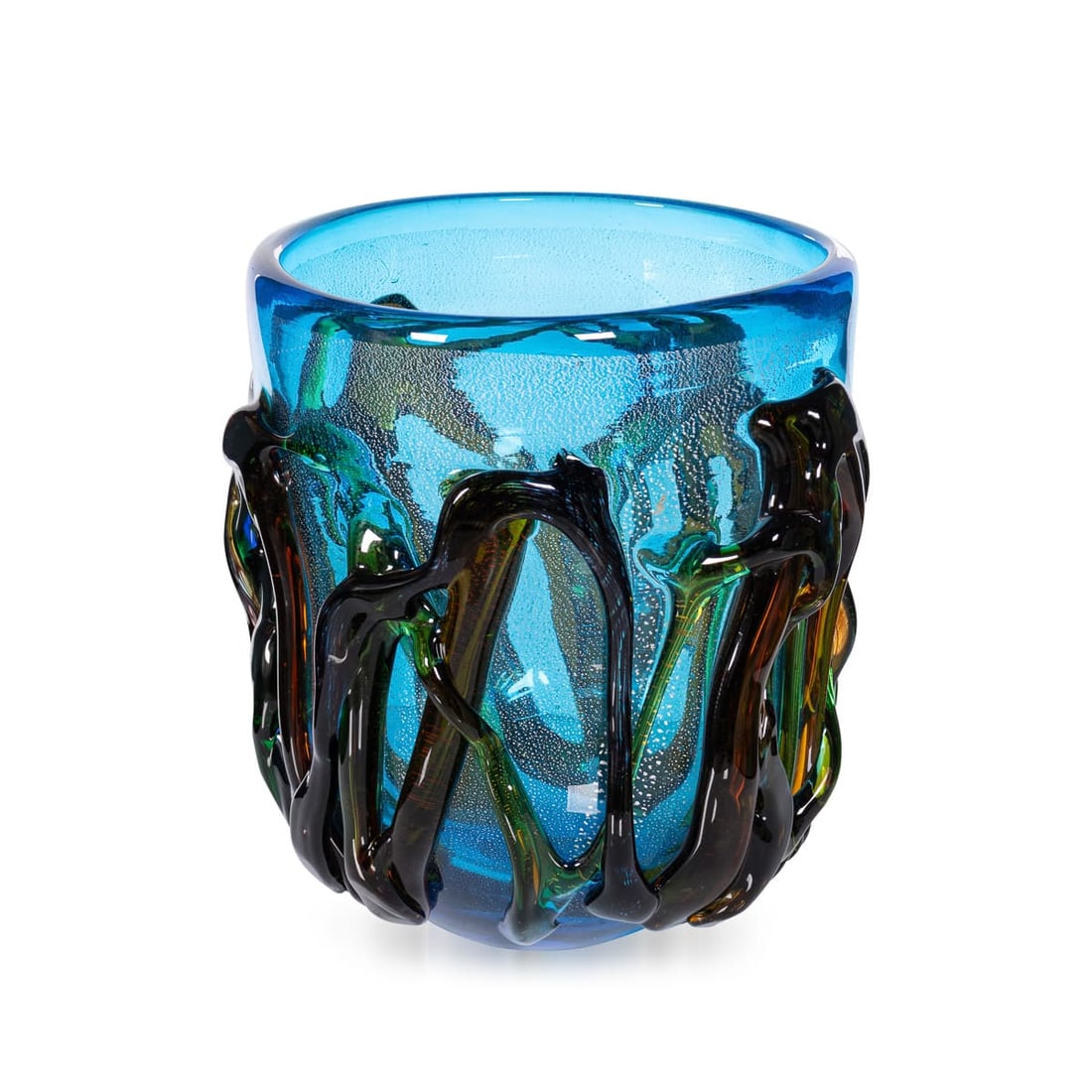 VINTAGE 20thC ITALIAN MURANO GLASS VASE: A striking Murano glass vase dating to the late 20th century, showcasing the bold sculptural forms and vibrant colour combinations for which Venetian glassmakers are celebrated. Rich in texture and vi