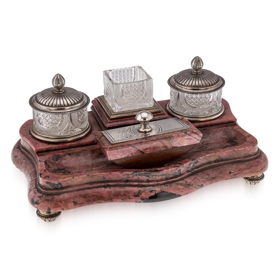 20thC RUSSIAN FABERGE STYLE SOLID SILVER & RHODONITE IMPRESSIVE DESK SET: 20th Century Imperial Russian style solid silver mounted on polished Rhodonite base. Featuring two cut glass inkwells with silver lids, decorated in a fan style with bud finial. In the center, a cut g