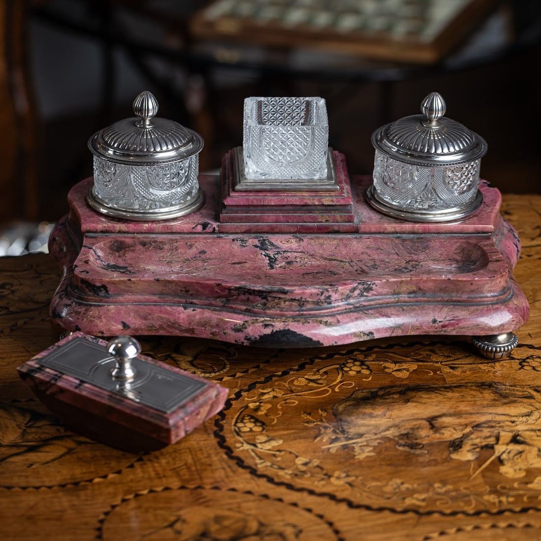 20thC RUSSIAN FABERGE STYLE SOLID SILVER & RHODONITE IMPRESSIVE DESK SET - 2