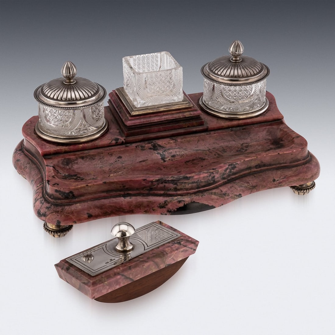 20thC RUSSIAN FABERGE STYLE SOLID SILVER & RHODONITE IMPRESSIVE DESK SET - 3