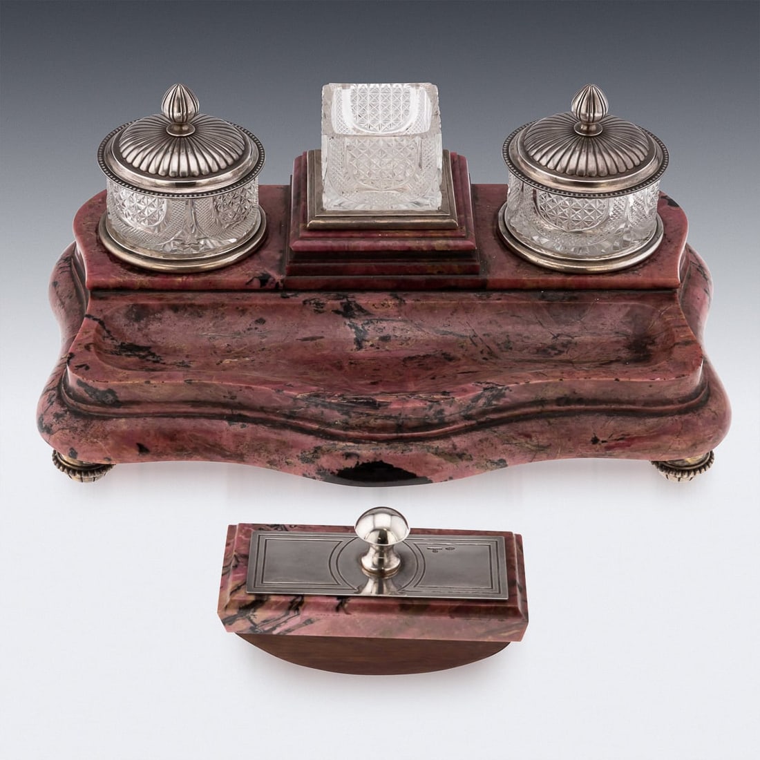 20thC RUSSIAN FABERGE STYLE SOLID SILVER & RHODONITE IMPRESSIVE DESK SET - 4