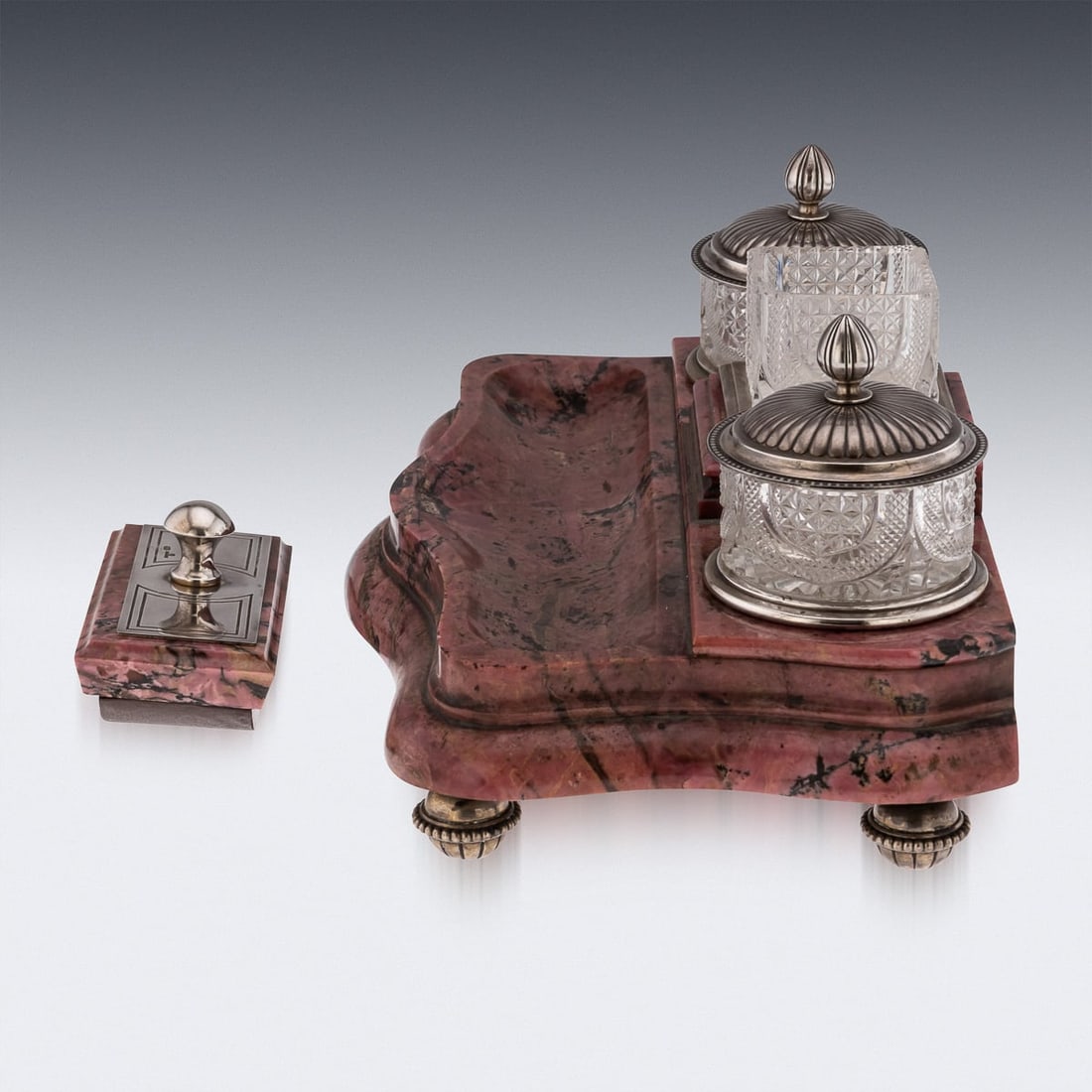 20thC RUSSIAN FABERGE STYLE SOLID SILVER & RHODONITE IMPRESSIVE DESK SET - 5
