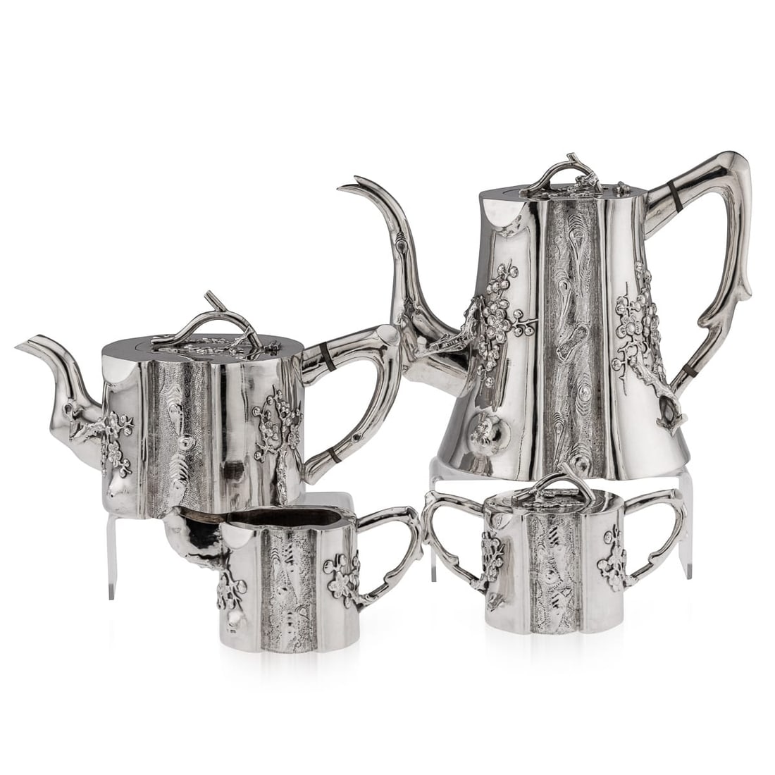 ANTIQUE 20thC CHINESE EXPORT SOLID SILVER FOUR PIECE TEA SET, PAOSING c.1900: Antique early-20th Century Chinese export solid silver four piece tea set, comprising of a coffee pot, teapot, sugar pot and milk jug, each tree-trunk shaped body applied with prunus flowers and