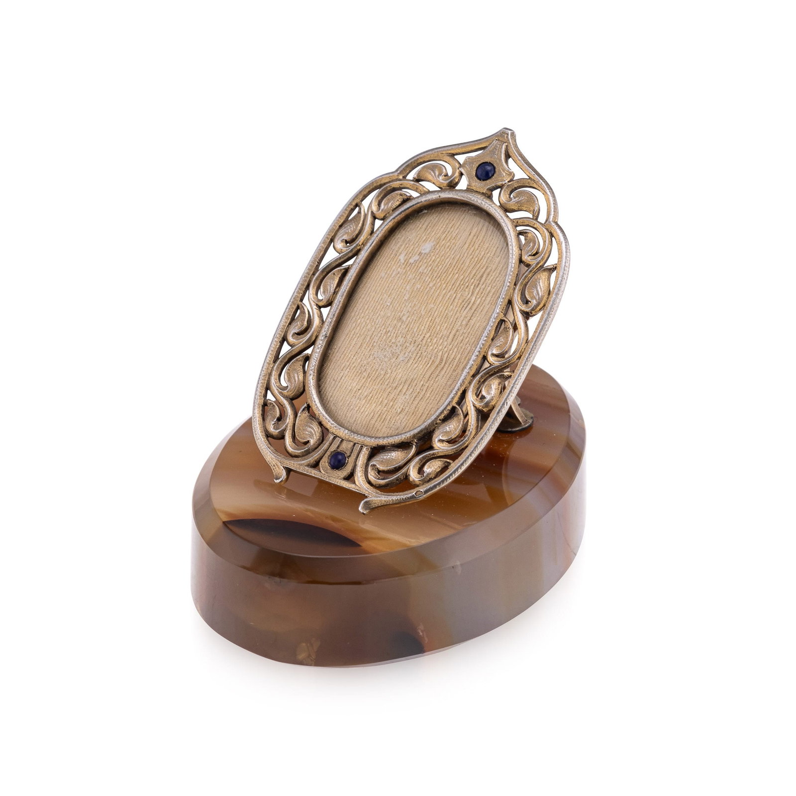 ANTIQUE 19thC FRENCH GILT SOLID SILVER PHOTOGRAPH FRAME ON AGATE BASE c.1890: Antique 19th century French gilt solid silver photograph frame set on a polished agate base. The frame is of oval form with finely pierced decoration running around the edge, giving it a light, decora