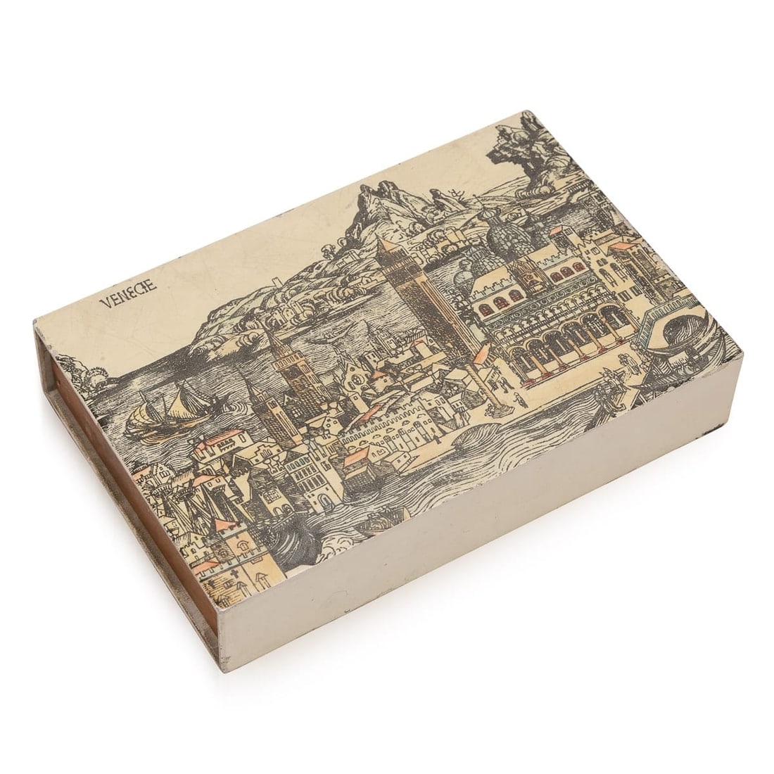 BEAUTIFUL MATCHBOX / TRINKET BOX BY PIERO FORNASETTI, ITALY c.1960/70's: A rare matchbox or trinket box by Piero Fornasetti , made in Italy, circa 1960s / 1970s. The lacquered exterior is decorated with a traditional scene of Venice, the interior made with a cedar wood