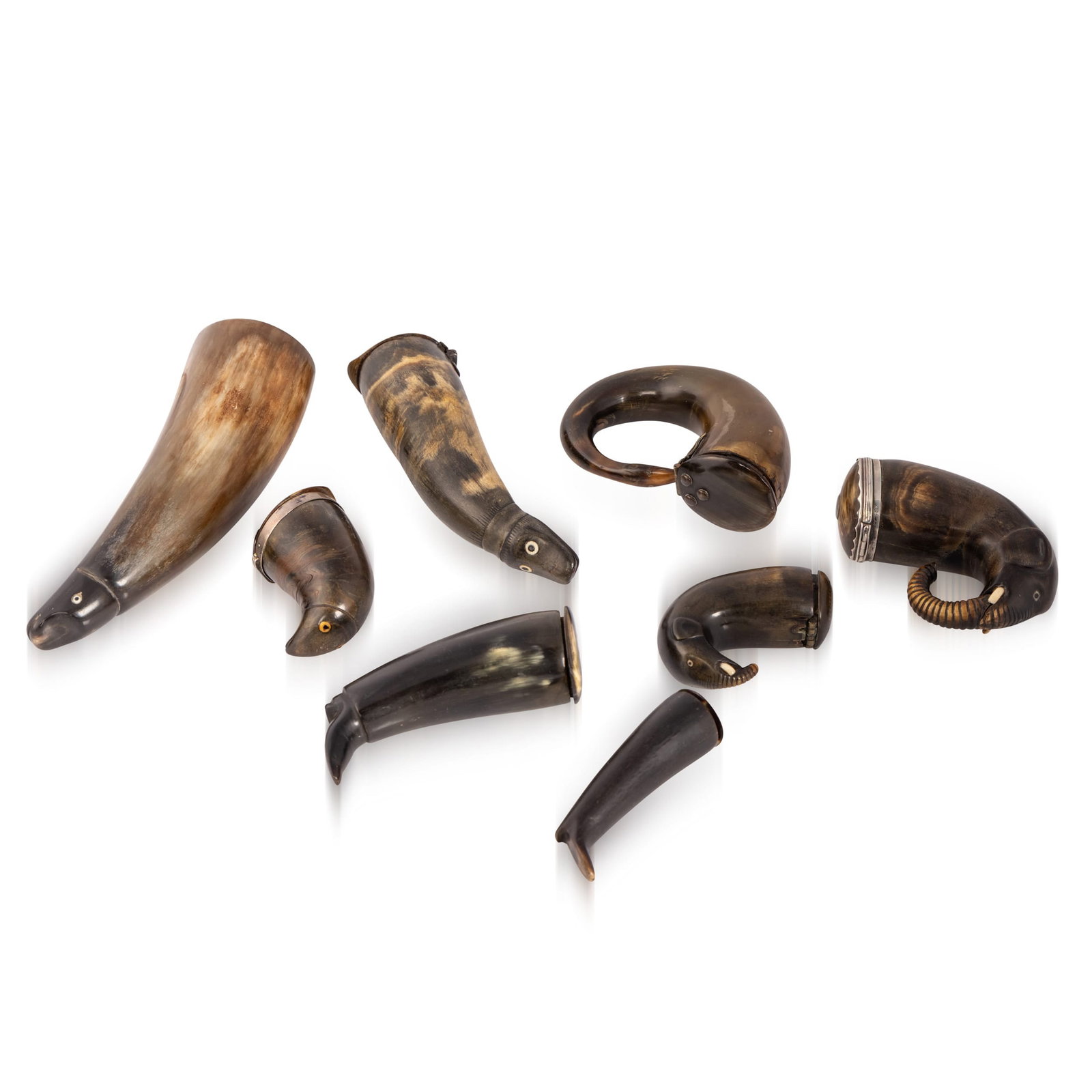 ANTIQUE 19thC COLLECTION OF EIGHT RARE HORN SCOTTISH SILVER MOUNTED SNUFF MULLS: A rare and highly unusual collection of eight Scottish horn snuff mulls, assembled over many years by a dedicated enthusiast. Examples of this quality and variety are seldom encountered as a group,