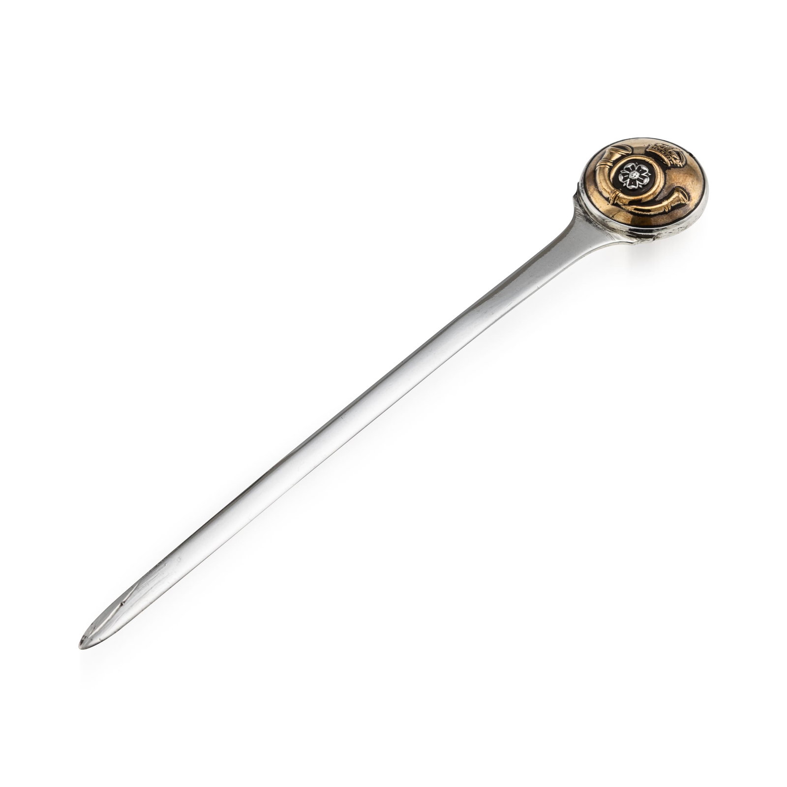 ANTIQUE 20thC ENGLISH SOLID SILVER REGIMENTAL LETTER OPENER BY ASPREY c.1915: Antique 20th Century English solid silver letter opener. The top of the letter opener is set with a domed circular boss mounted on the silver handle. It displays a crowned bugle horn in relief, with