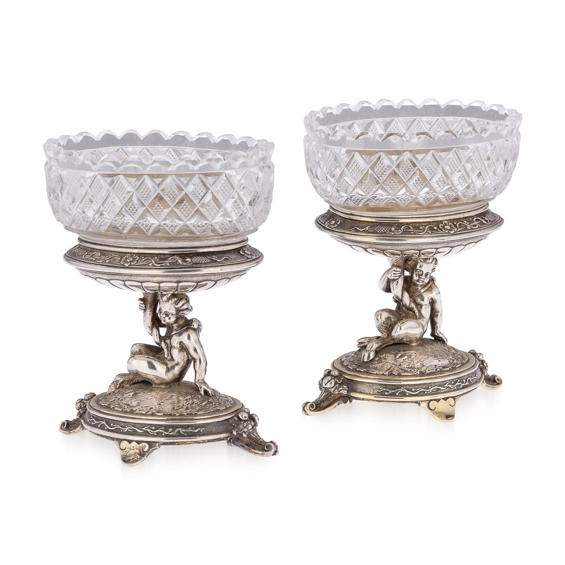ANTIQUE 19thC VICTORIAN SOLID SILVER & GLASS FIGURAL SALTS, ELKINGTON c1896: Antique late-19th Century Victorian magnificent pair of solid silver figural salts, each piece raised on an oval domed base on four scrolling feet, each stunning figural stems modelled like a faun