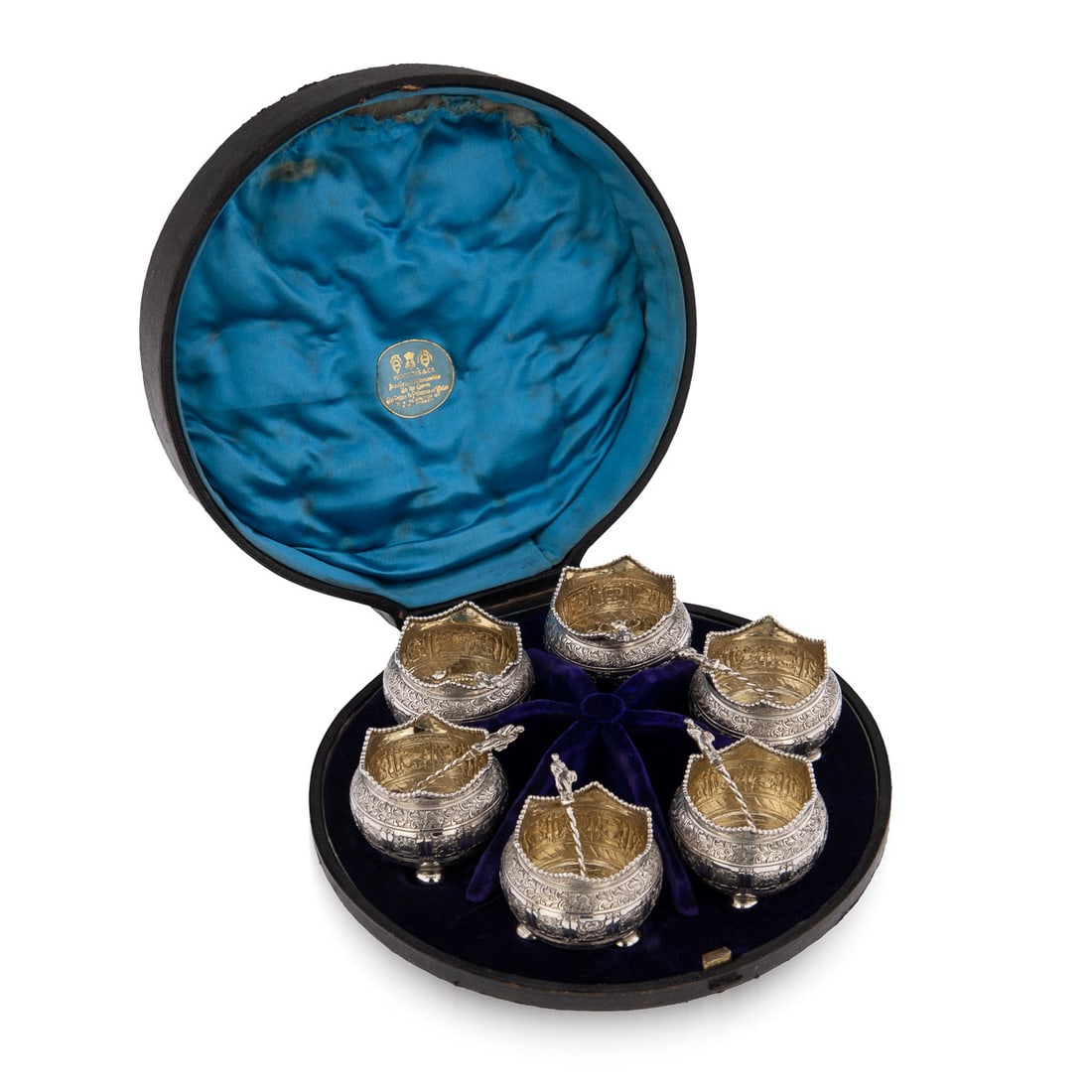 ANTIQUE 19thC VICTORIAN SOLID SILVER SET OF 6 SALTS & SPOONS, LONDON c.1876: Antique 19th Century Victorian set of six solid Silver table salts and spoons, each of circular form, on three ball feet, mounted with a beaded crown boarder, parcel gilt inside and engraved with a