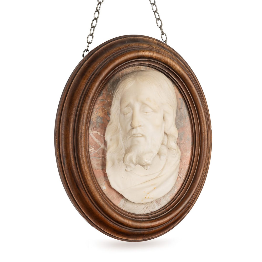 ANTIQUE 20thC ITALIAN CARVED MARBLE RELIEF OF CHRIST IN AN OVAL WOOD FRAME - 2