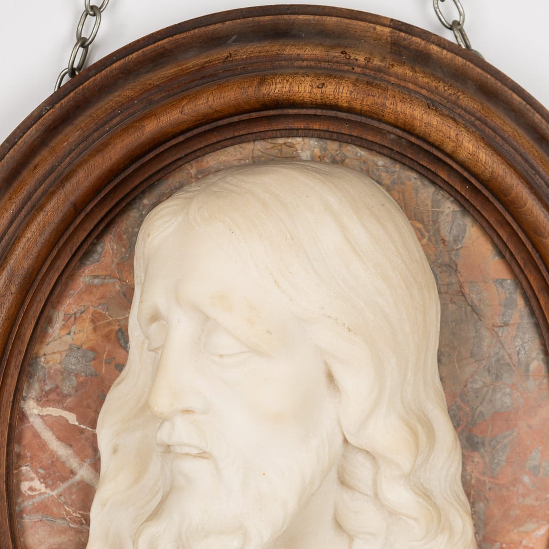 ANTIQUE 20thC ITALIAN CARVED MARBLE RELIEF OF CHRIST IN AN OVAL WOOD FRAME - 3