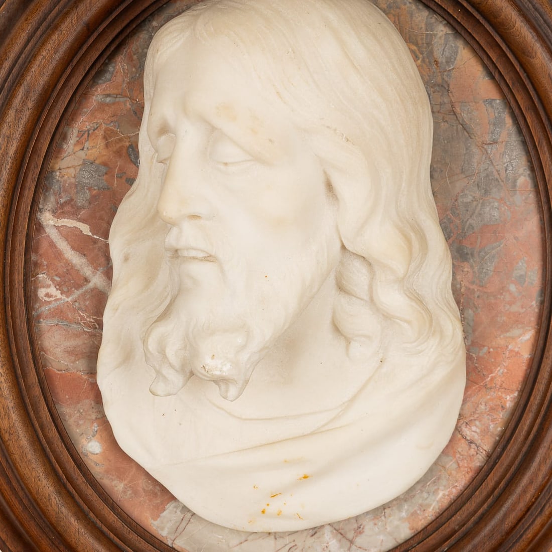 ANTIQUE 20thC ITALIAN CARVED MARBLE RELIEF OF CHRIST IN AN OVAL WOOD FRAME - 4