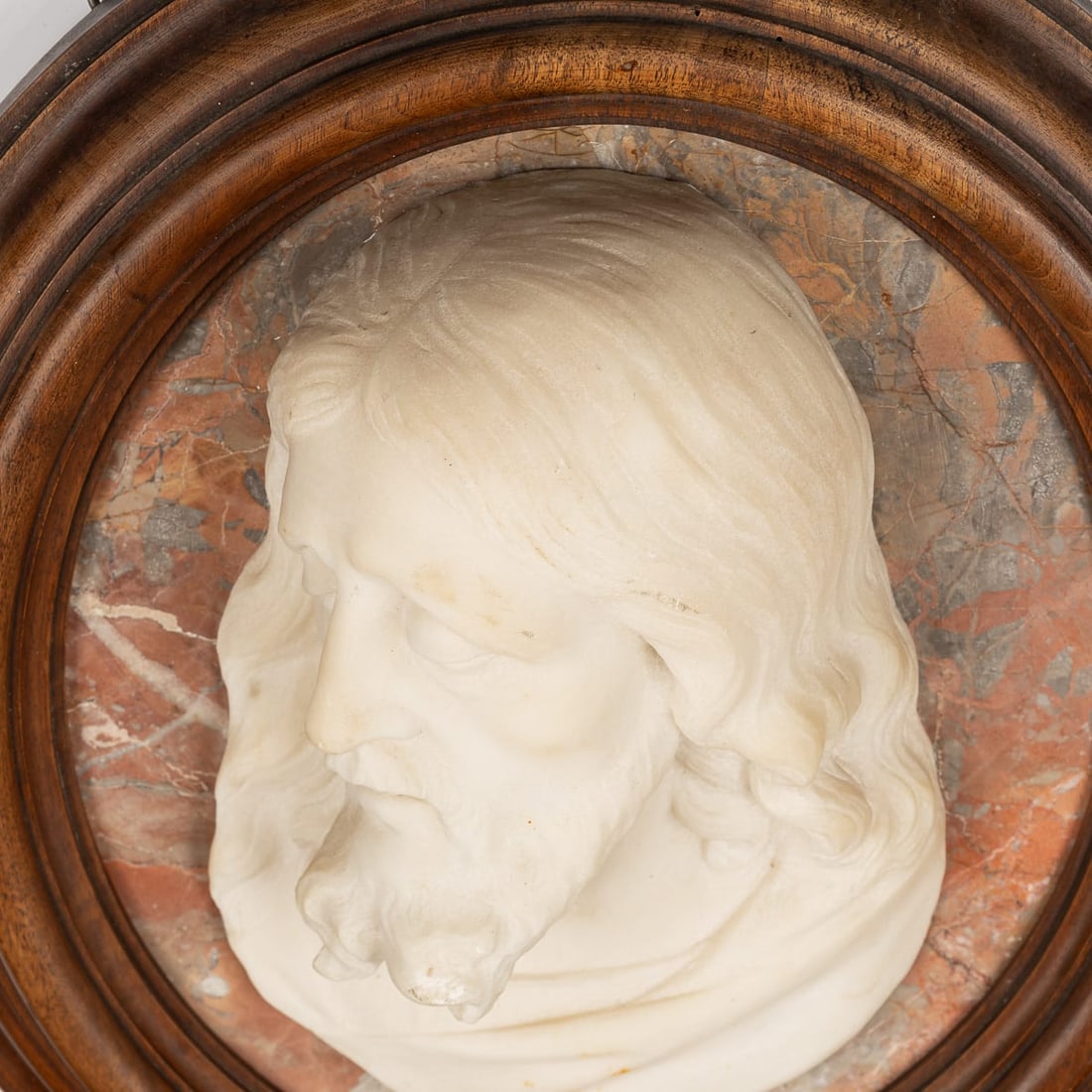 ANTIQUE 20thC ITALIAN CARVED MARBLE RELIEF OF CHRIST IN AN OVAL WOOD FRAME - 9