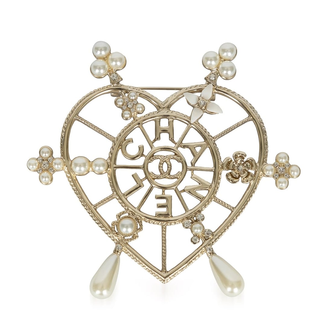 STUNNING VINTAGE CHANEL CC HEART SHAPE PIN BROOCH WITH CRYSTAL & PEARLS: A stunning silver toned metal Chanel CC pin brooch in the shape of a heart. In the center, "Chanel" surrounds the "CC". Adorned in round and tear-drop shape pearls along with diamond-like crystals. A