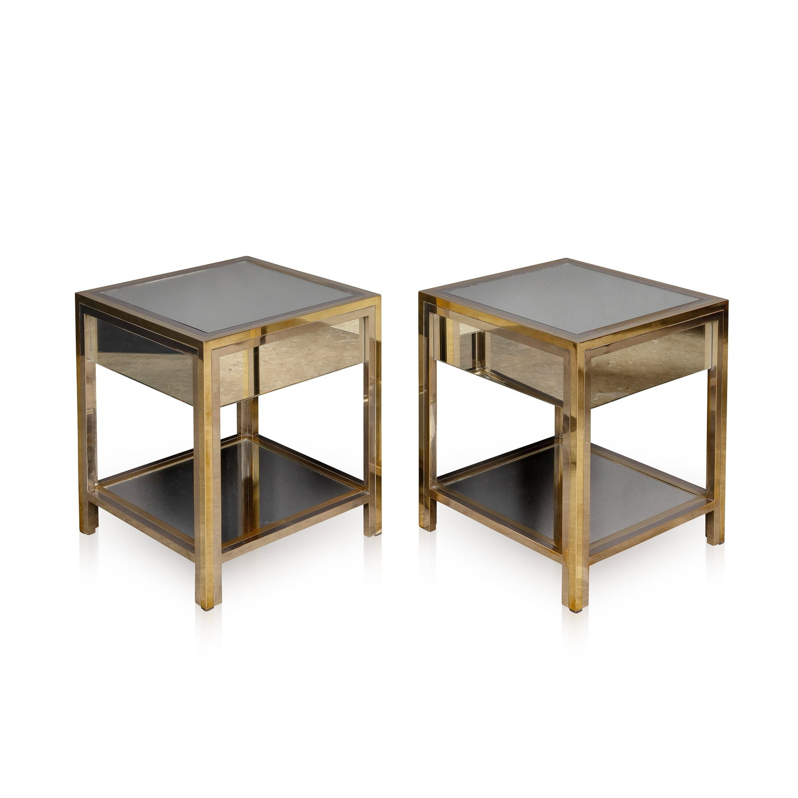 20thC PAIR OF BRASS, CHROME & GLASS SIDE TABLES BY BELGO CHROM, BELGIUM c.1970: A 20th Century classic pair of metal and brass end tables by Belgian designers Belgo Chrome. These square tables feature mirrored glass tops and each includes a single drawer. Belgian manufacturer