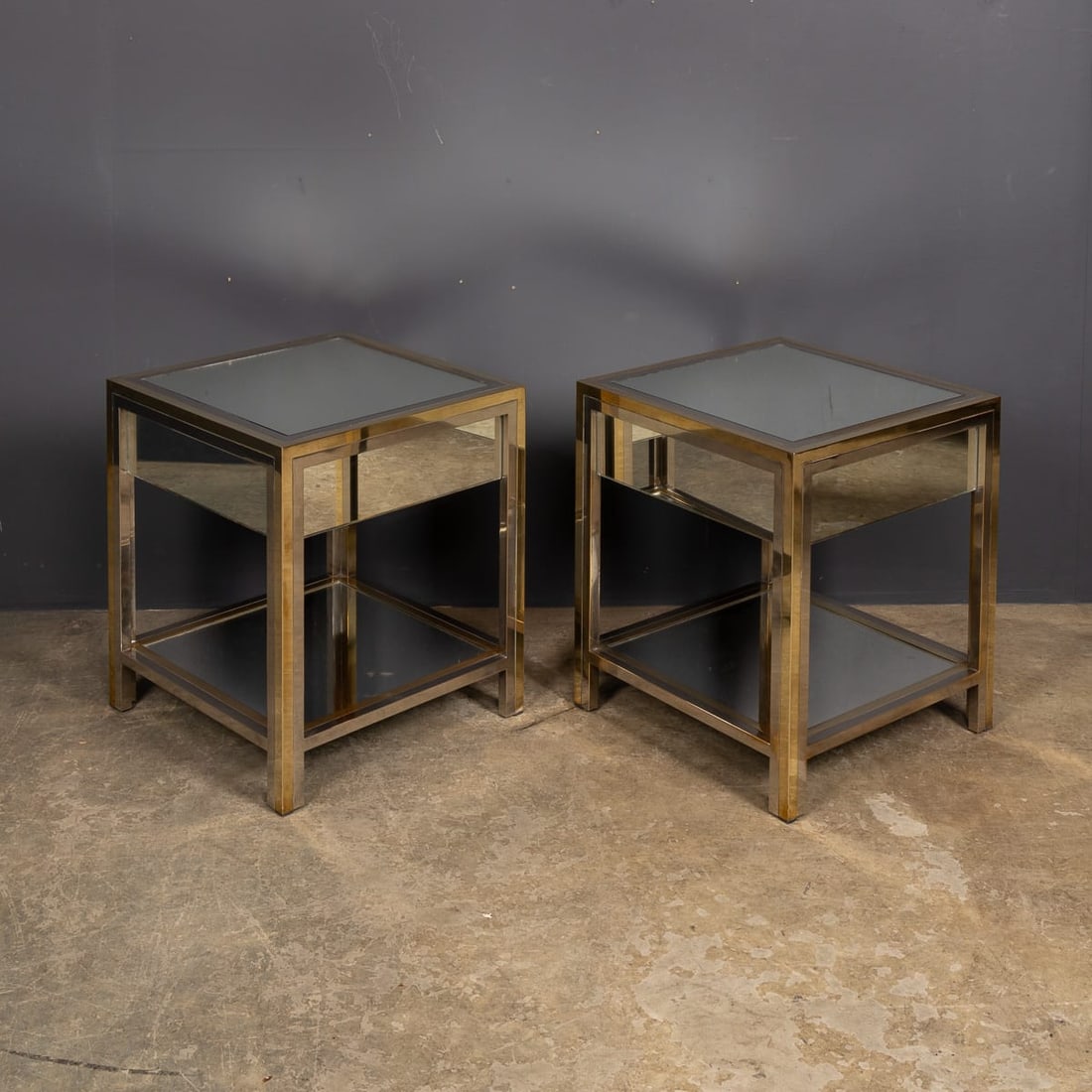 20thC PAIR OF BRASS, CHROME & GLASS SIDE TABLES BY BELGO CHROM, BELGIUM c.1970 - 2