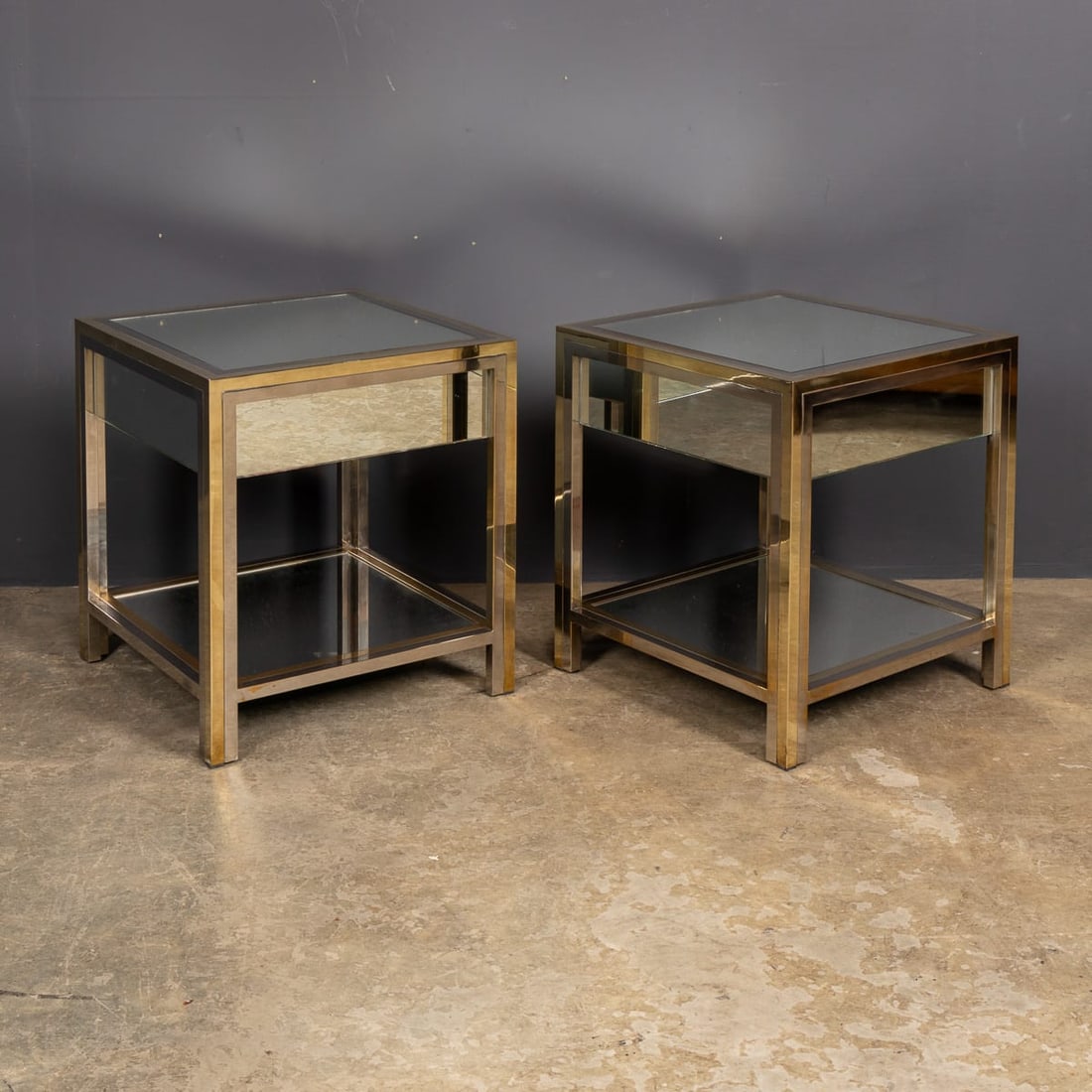 20thC PAIR OF BRASS, CHROME & GLASS SIDE TABLES BY BELGO CHROM, BELGIUM c.1970 - 4