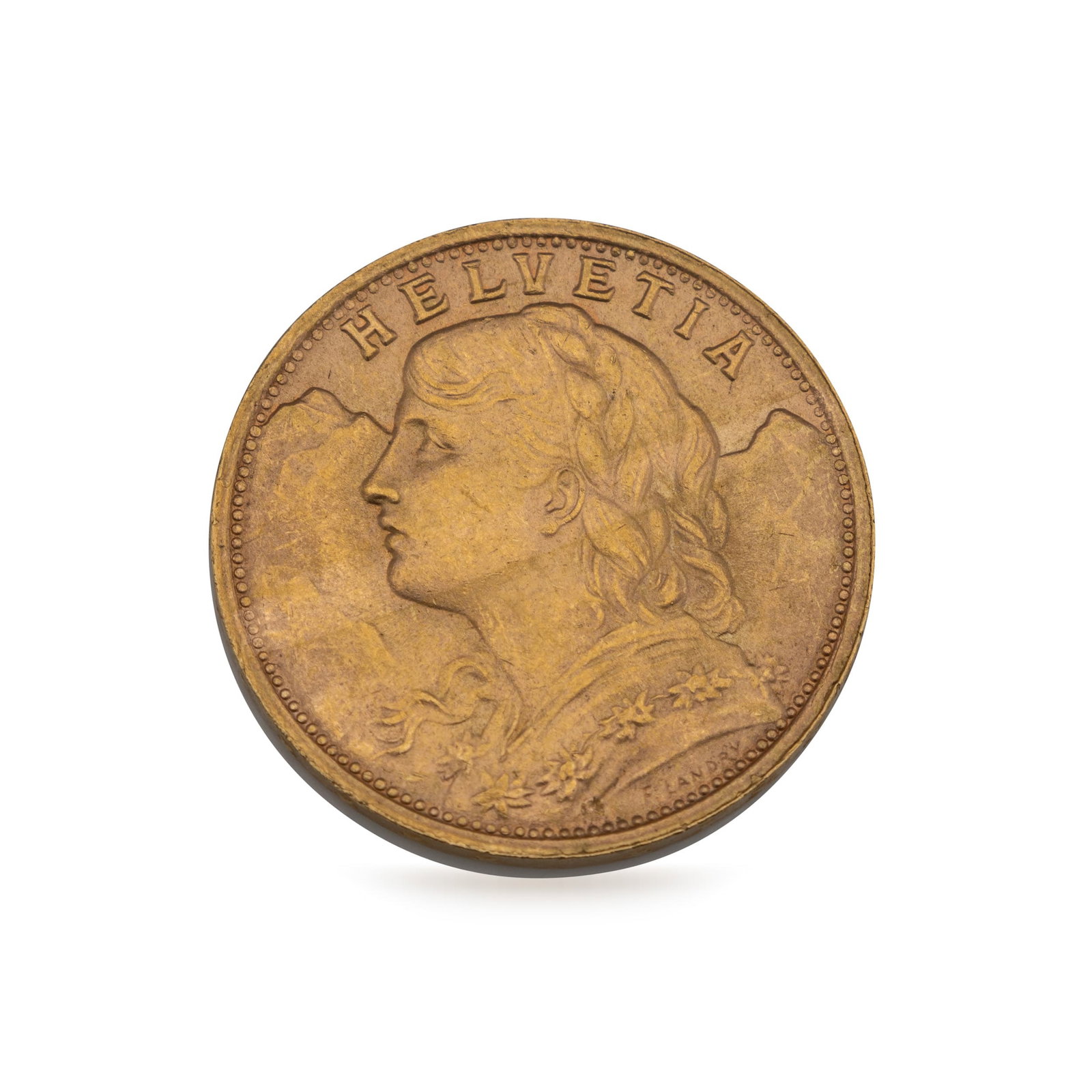 20thC SWISS 900/1000 PURITY GOLD 20 FRANCS VRENELI COIN, HELVETIA c.1947: A vintage 20th Century Swiss 900/1000 grade gold 20 Francs Vreneli coin, one of the most recognisable and popular European historic gold coins. The swiss coin features the famous left facing portrait