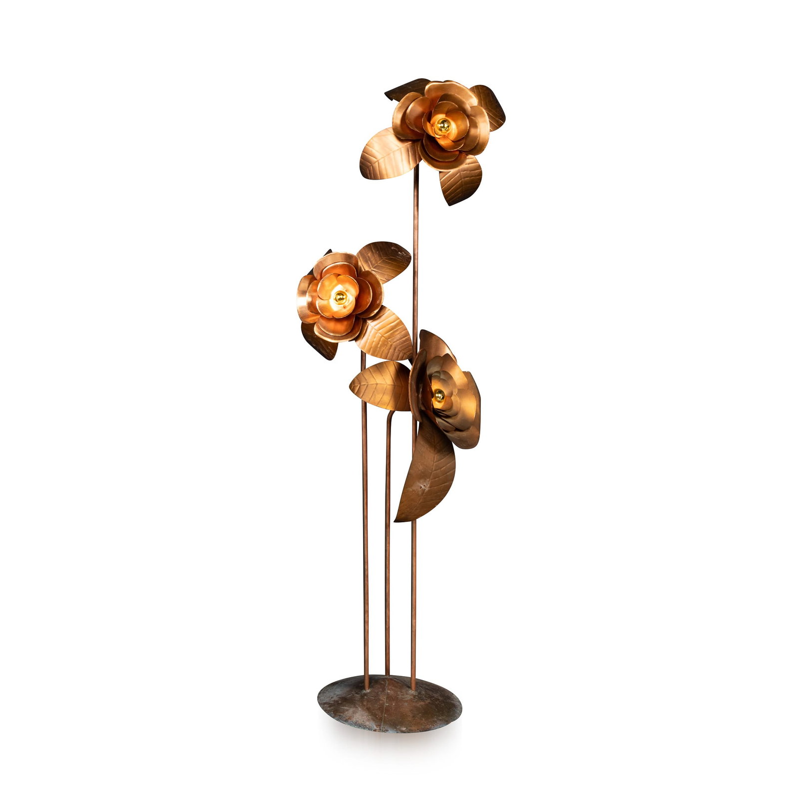 VINTAGE 20thC ITALIAN BRASS FLORAL FLOOR LAMP c.1970: A striking Italian brass floor lamp dating to the 1970s, designed in the form of an oversized flowering plant. The sculptural composition features three tall, slender stems rising from a circular base