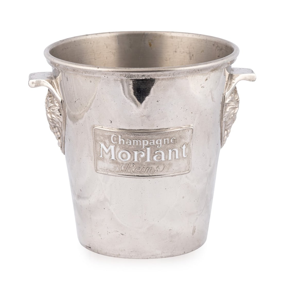 VINTAGE 20thC FRENCH SILVER PLATED MORLANT REIMS CHAMPAGNE / WINE COOLER c.1930: A superb 20th Century champagne bucket / wine cooler. Featuring a tapered, smooth body along with enamelled lettering "Champagne Morlant Reims" in white. The handles are in the form of grapes on the