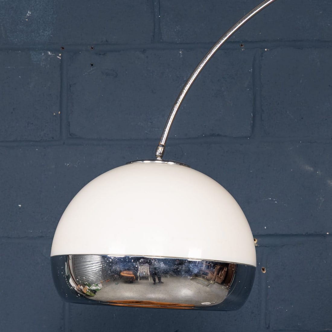 VINTAGE 20thC ITALIAN CHROME ARC FLOOR LAMP WITH OPALINE SHADE c.1970 - 8