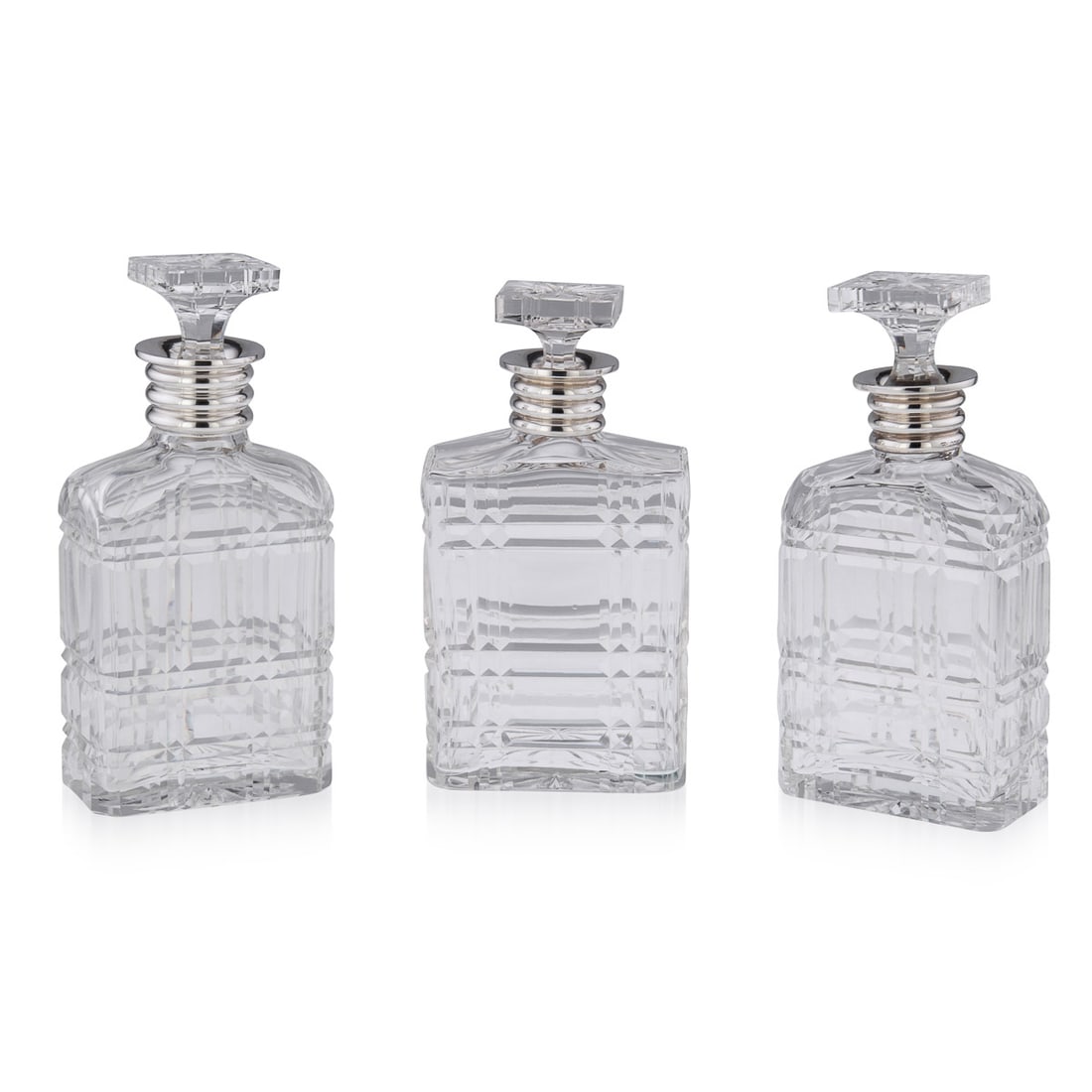 ANTIQUE 20thC ENGLISH ART DECO SOLID SILVER & CUT GLASS DECANTER c.1913: Antique early-20th Century English Art Deco solid silver and cut glass set of three decanters. Of particularly large size with diagonally cut crystal glass body and mounted with elegant octagonal stop