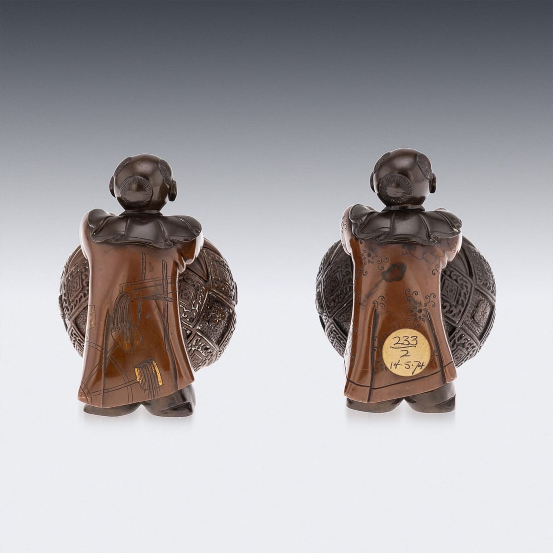 ANTIQUE 19thC JAPANESE MEIJI PERIOD PAIR OF BRONZE VESSELS IN THE FORM OF KARAKO C.1890 - 9