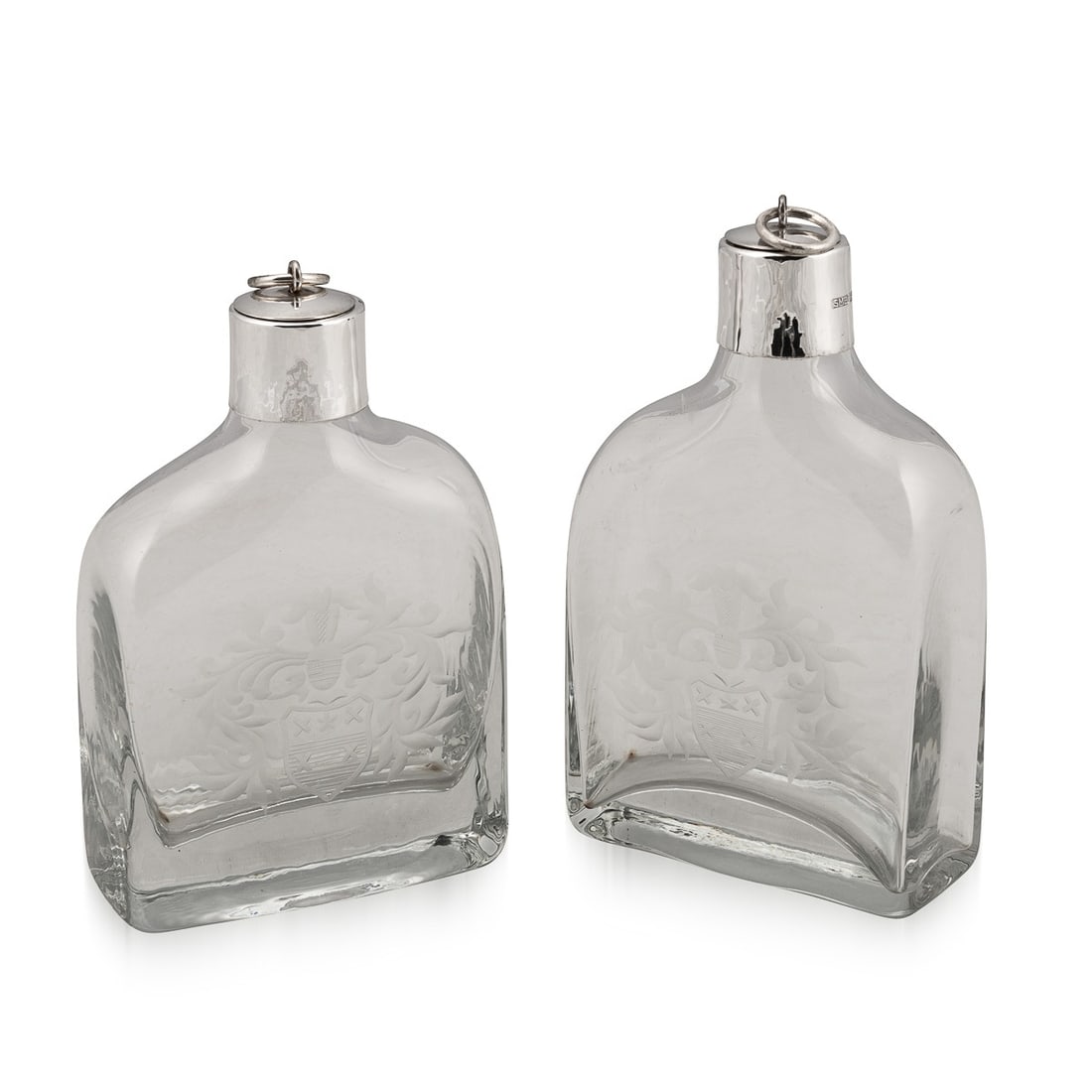 21stC ENGLISH SOLID SILVER MOUNTED GLASS DECANTERS WITH HERALDIC ENGRAVING c.2007 (1 of 13)