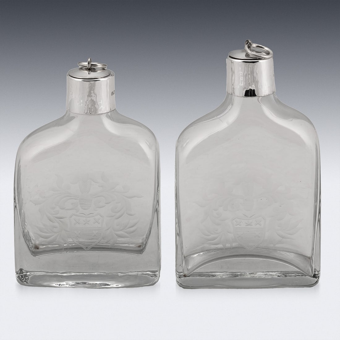 21stC ENGLISH SOLID SILVER MOUNTED GLASS DECANTERS WITH HERALDIC ENGRAVING c.2007 - 2