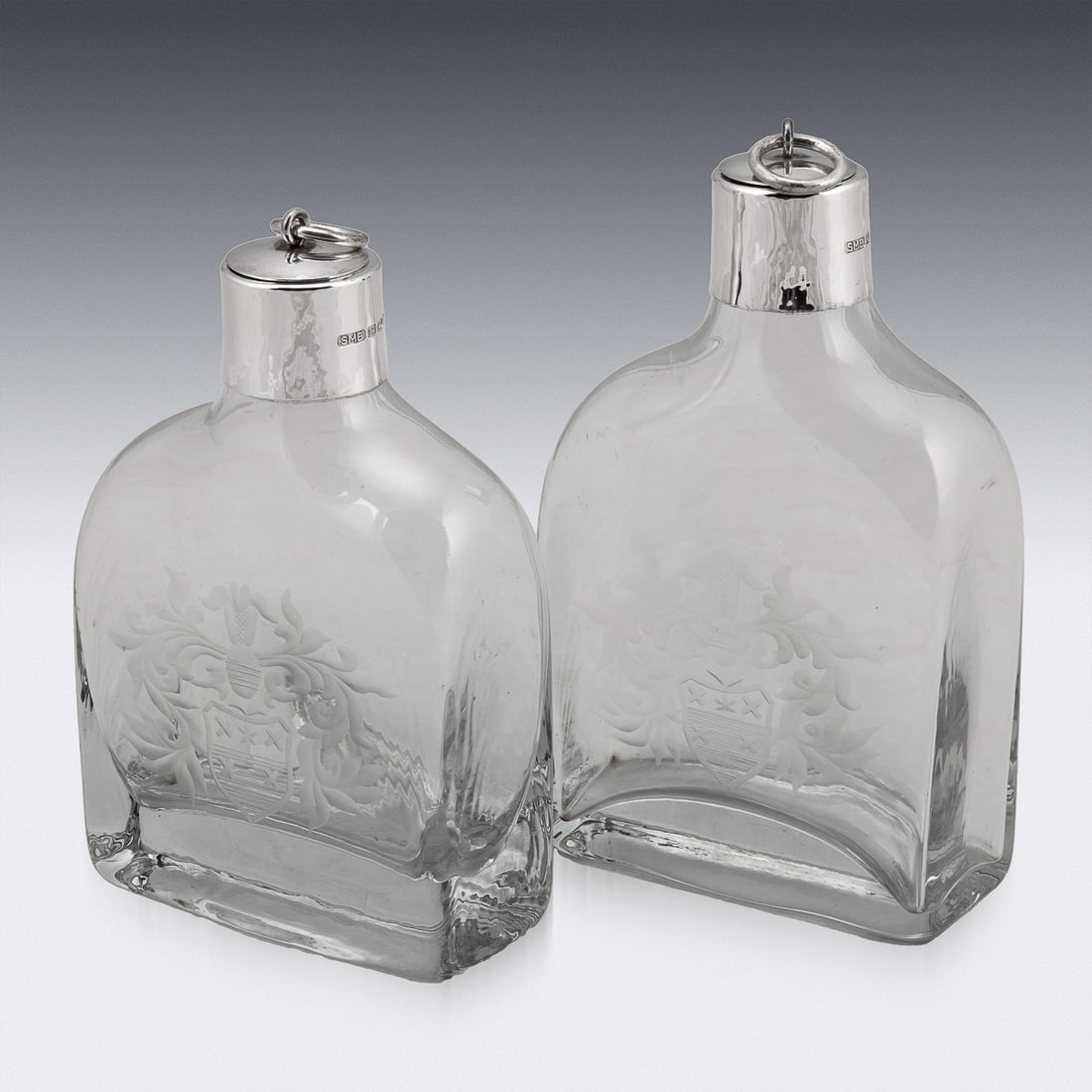 21stC ENGLISH SOLID SILVER MOUNTED GLASS DECANTERS WITH HERALDIC ENGRAVING c.2007 - 3