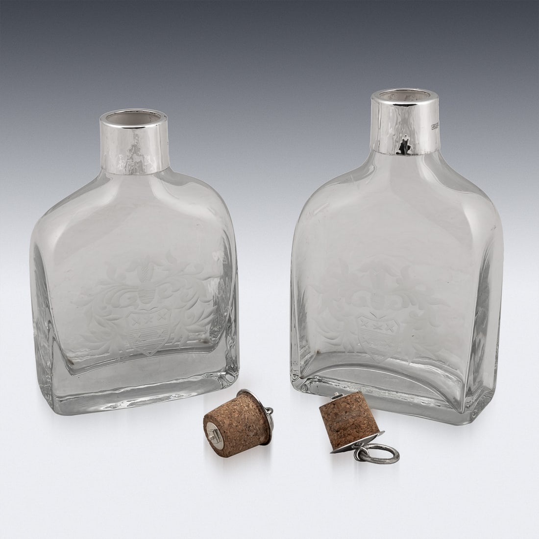 21stC ENGLISH SOLID SILVER MOUNTED GLASS DECANTERS WITH HERALDIC ENGRAVING c.2007 - 4
