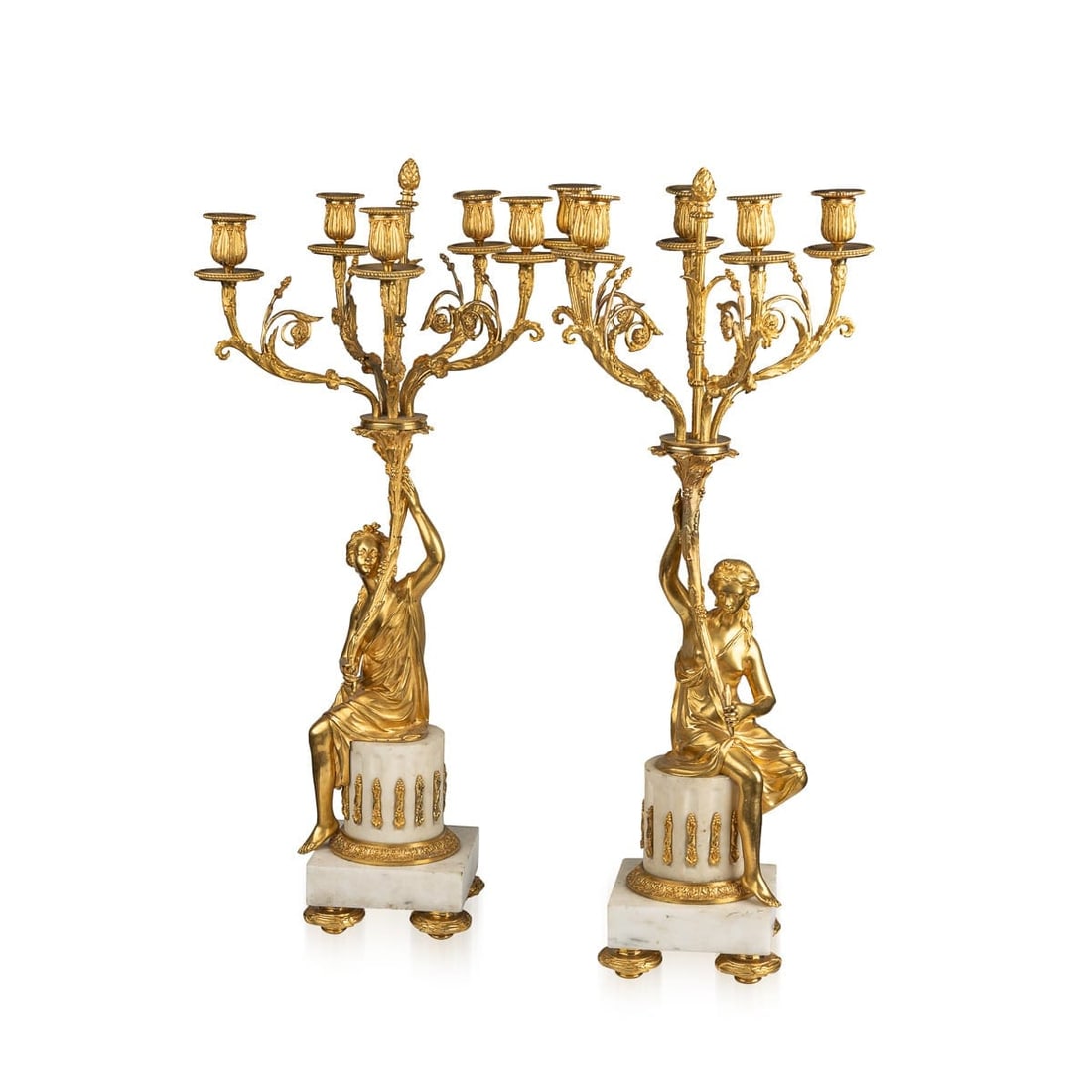 ANTIQUE 19thC FRENCH PAIR OF LOUIS XVI STYLE ORMOLU FIVE-LIGHT CANDELABRA c.1880: Antique 19th Century French pair of gilt-bronze and white marble five-light candelabra in the Louis XVI style. Each features scrolling foliate arms extending from a central stem with an acorn finial,