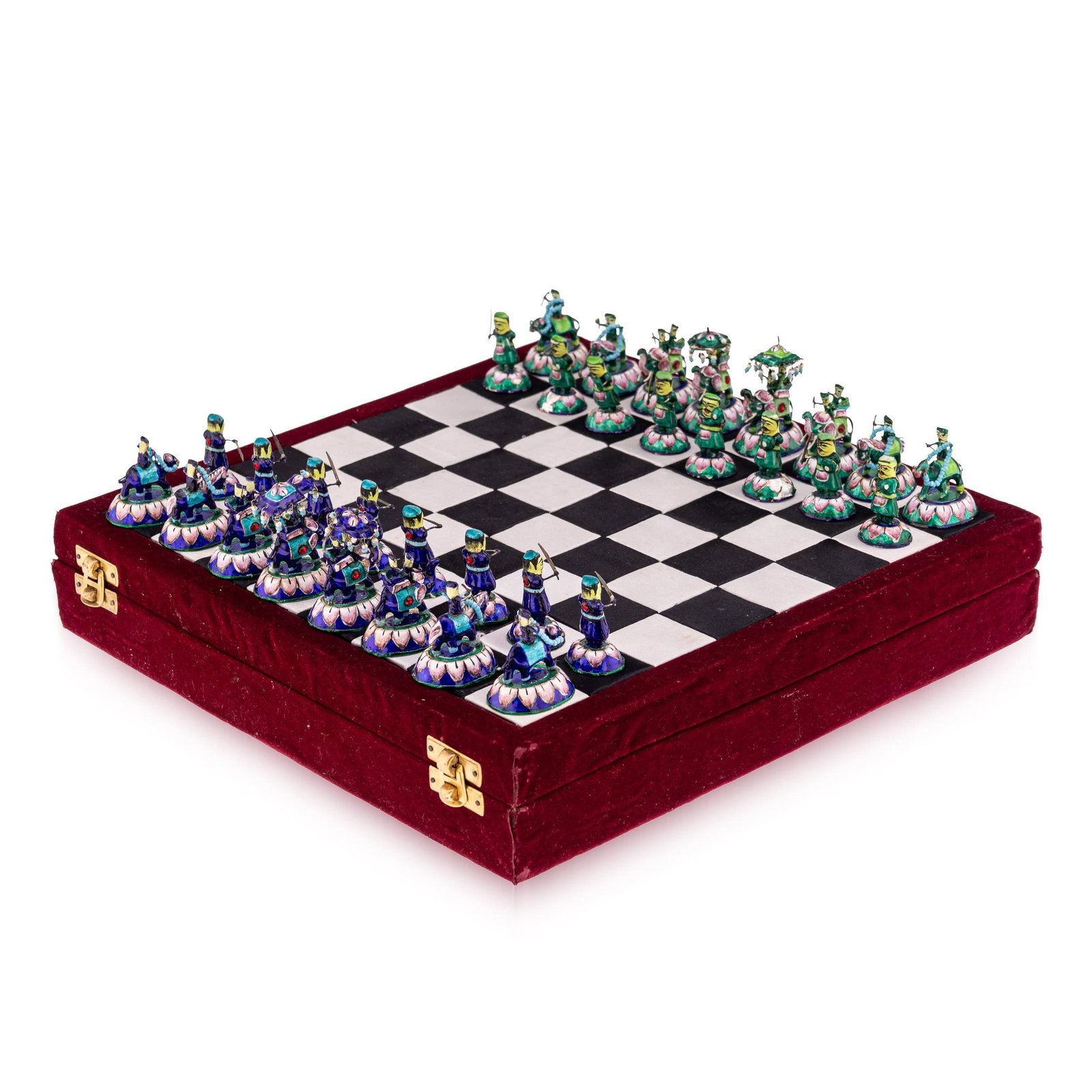 20thC INDIAN SILVER & ENAMEL CHESS SET WITH SILK & VELVET BOARD, JAIPUR c.1950: Vintage mid 20th Century Indian solid silver and hand painted enamel chess set, complete with 32 pieces. Presented in a velvet box with a silk fabric chessboard. One side features blue enamel colour