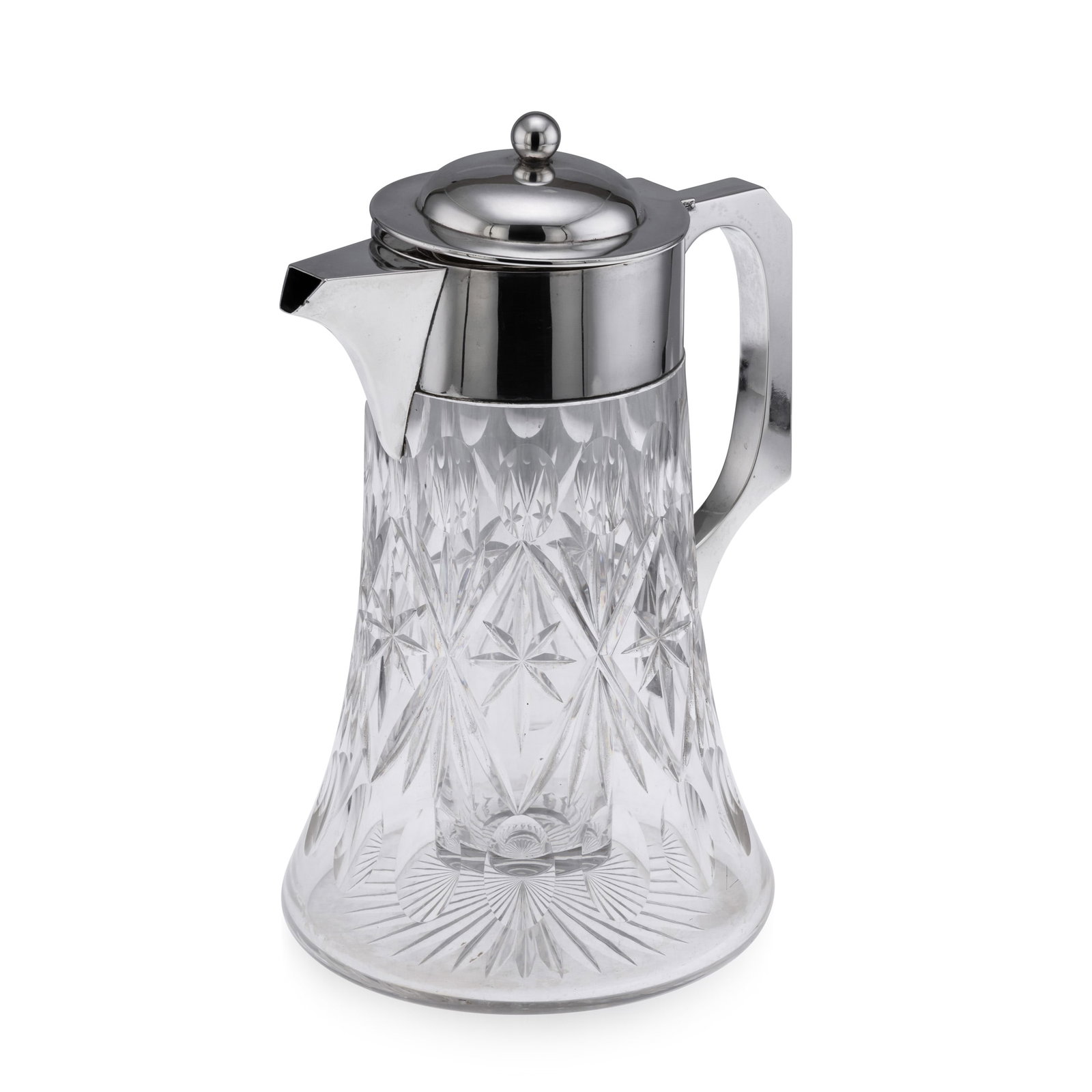 ANTIQUE 20thC ENGLISH SOLID SILVER & CUT GLASS LARGE CLARET JUG, LONDON c.1906: Antique 20th Century English Art Deco solid silver & cut glass large claret jug. Of tapering form, the glass body is cut with a selection of decorative patterns with a mounted solid silver handle,