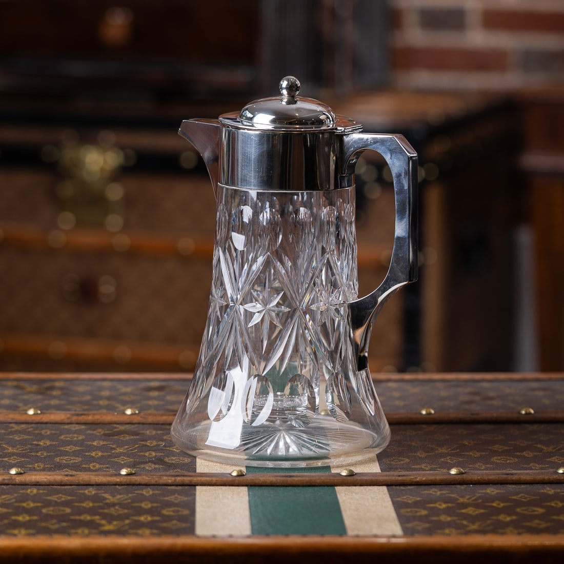 ANTIQUE 20thC ENGLISH SOLID SILVER & CUT GLASS LARGE CLARET JUG, LONDON c.1906 - 2