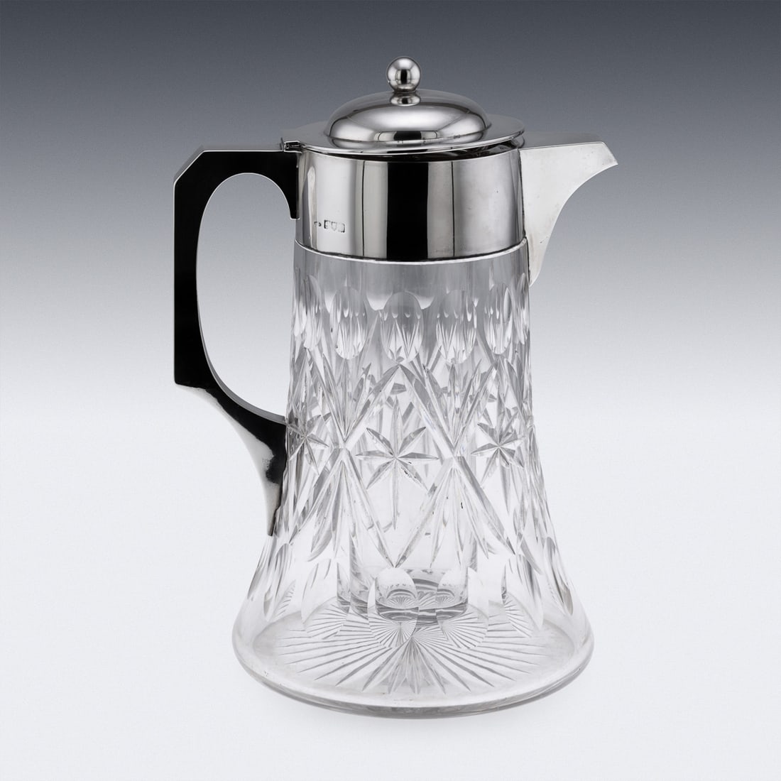 ANTIQUE 20thC ENGLISH SOLID SILVER & CUT GLASS LARGE CLARET JUG, LONDON c.1906 - 5