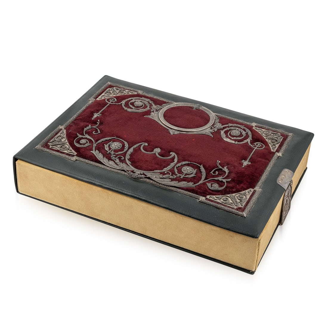 ANTIQUE 19thC RUSSIAN SOLID SILVER, VELVET & LEATHER BOOK COVER c.1890: Antique 19th Century Russian solid silver book cover, featuring velvet and leather. The front is adorned with burgundy velvet and intricate silver decoration, including a foliate border, acanthus