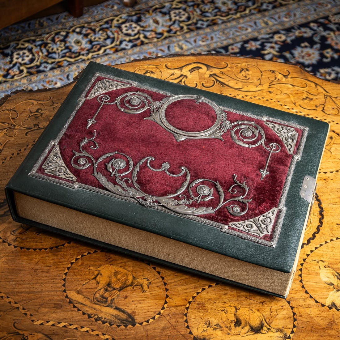 ANTIQUE 19thC RUSSIAN SOLID SILVER, VELVET & LEATHER BOOK COVER c.1890 - 2