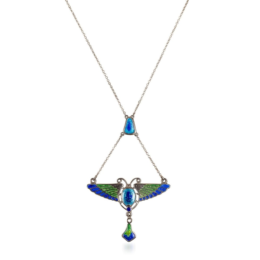 ANTIQUE 20thC EGYPTIAN REVIVAL SILVER & ENAMEL NECKLACE, CHARLES HORNER c.1908: Charles Horner, an Egyptian Revival silver and enamel pendant, with later, integral chain, maker's marks for Charles Horner, hallmarks for Chester, 1908, length of pendant 6.7cm, length of chain 46cm,