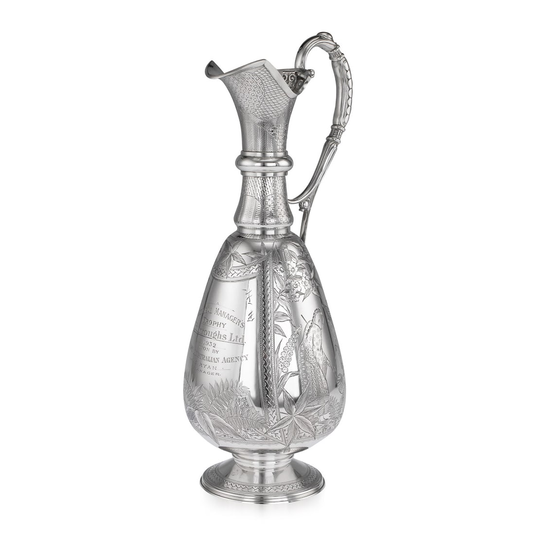 ANTIQUE 19thC VICTORIAN AESTHETIC MOVEMENT SOLID SILVER WINE JUG c.1879: Antique 19th Century Victorian Aesthetic movement solid silver wine jug, the bulbous body beautifully hand engraved with chinoiserie scenes of nobility in traditional silk dress and a merchant
