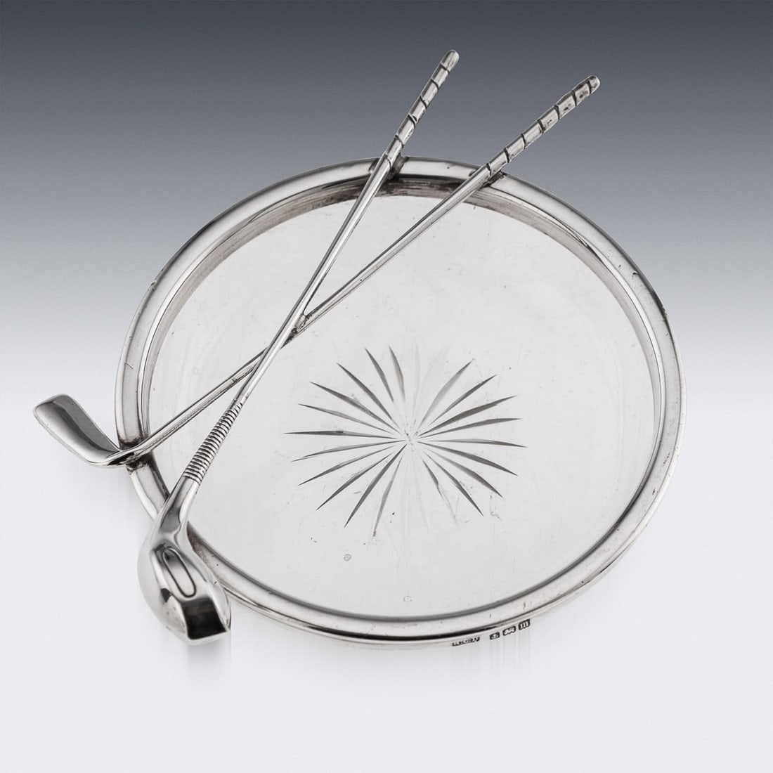 ANTIQUE 20thC ENGLISH SOLID SILVER & CUT GLASS GOLF THEME ASHTRAY c.1911 - 3