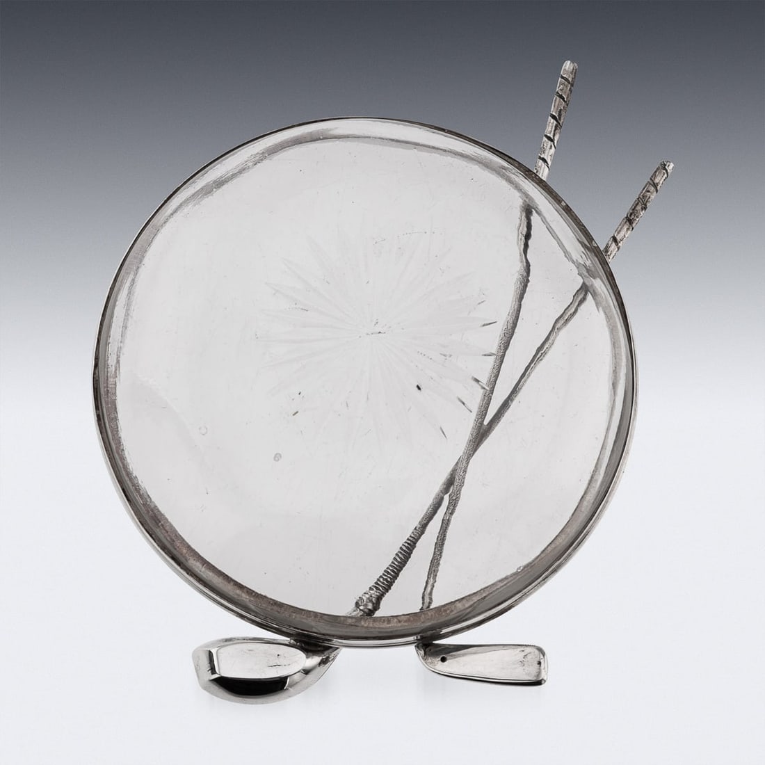 ANTIQUE 20thC ENGLISH SOLID SILVER & CUT GLASS GOLF THEME ASHTRAY c.1911 - 5