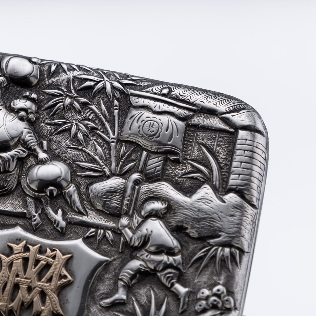 ANTIQUE 19thC CHINESE EXPORT SOLID SILVER CIGARETTE CASE, HUNG CHONG & CO c.1900 - 16