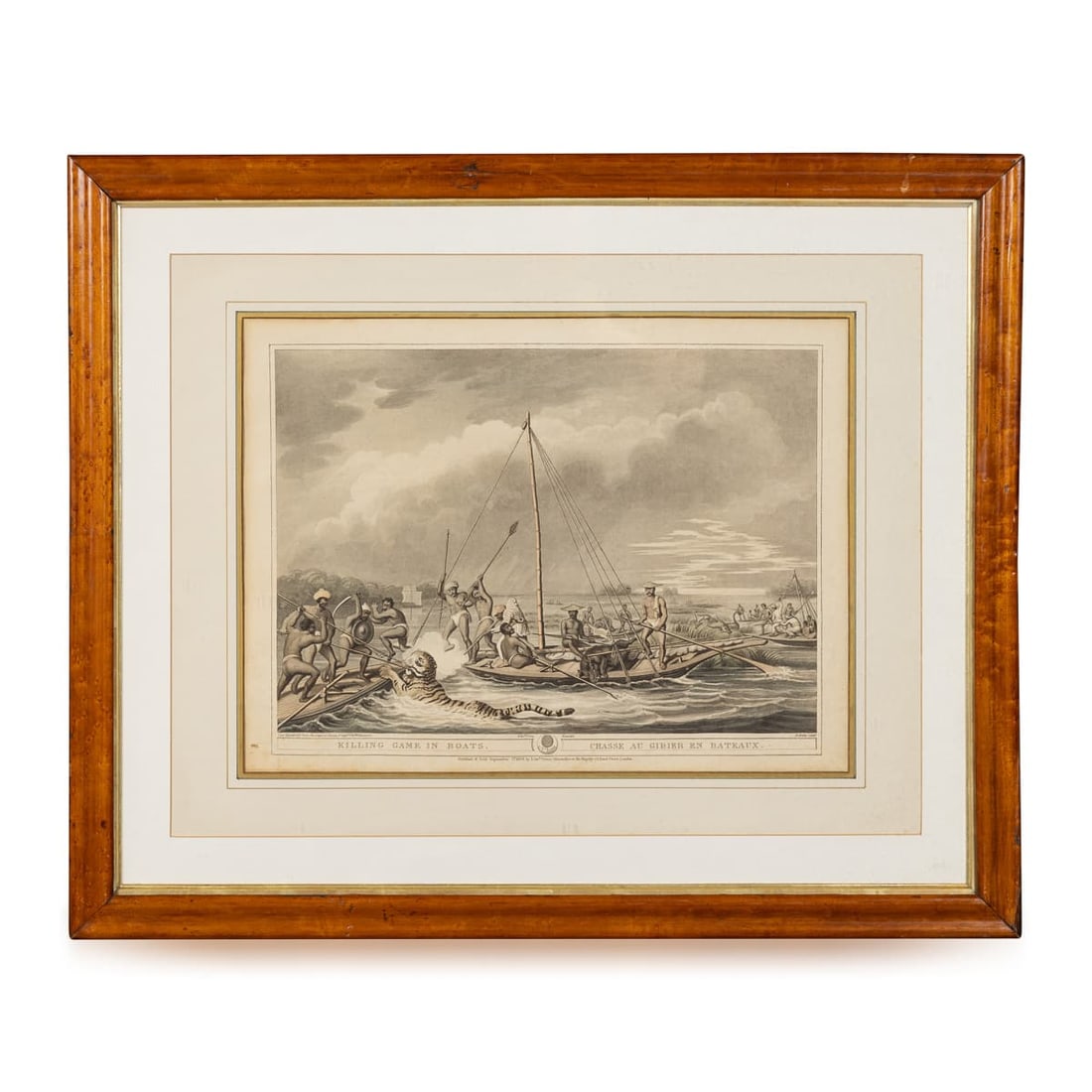 ANTIQUE 19thC "KILLING GAME IN BOATS / CHASSE AU GIBIER EN BATEAUX" BY EDWARD ORME c.1806: A finely engraved sporting print entitled Killing Game in Boats / Chasse au Gibier en Bateaux, published on 1 September 1806 by Edward Orme at 59 Bond Street, London. Presented in a glazed frame, the