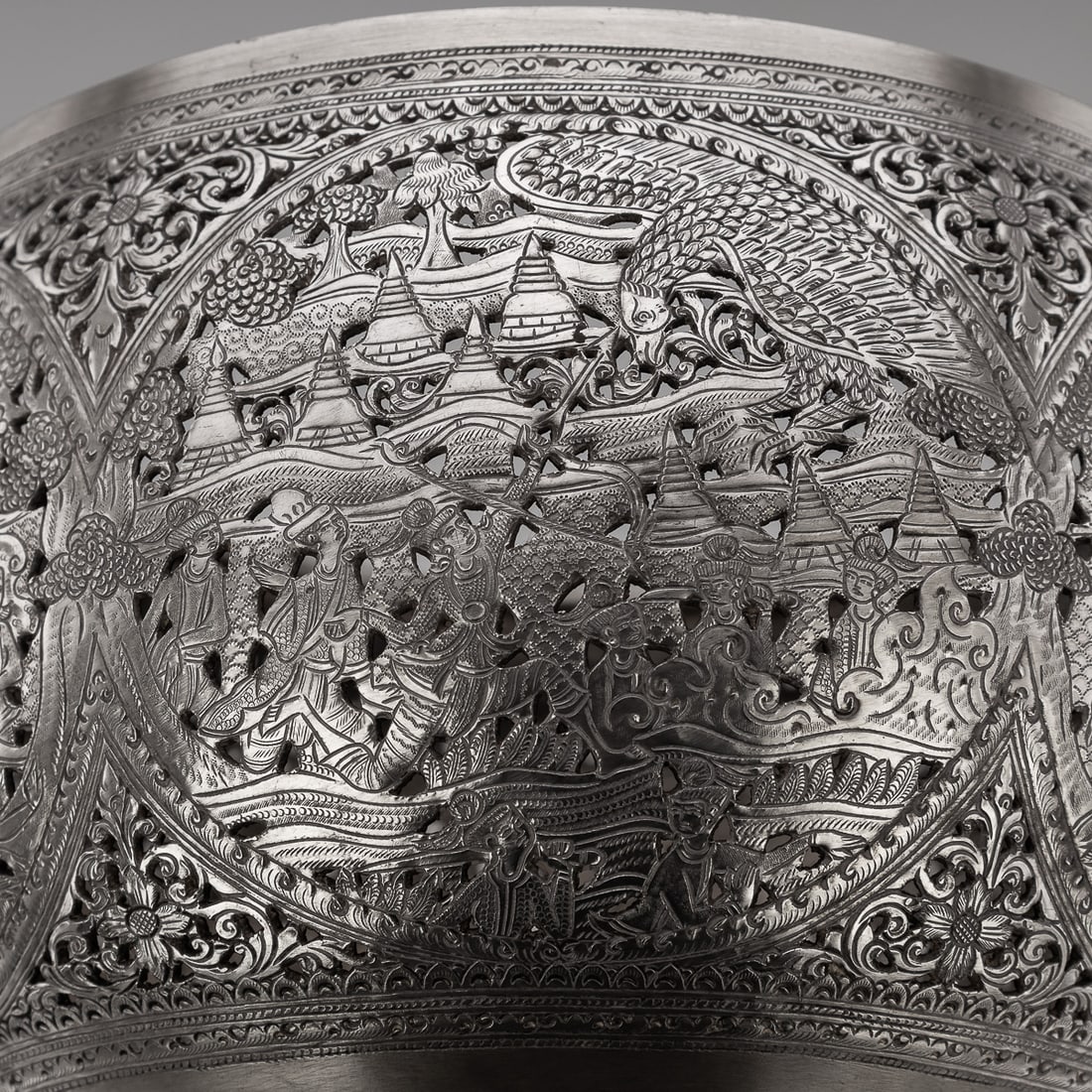 ANTIQUE 20thC BURMESE PIERCED SOLID SILVER "PYUSAWHTI" FOLK TALE BOWL c.1918 - 10