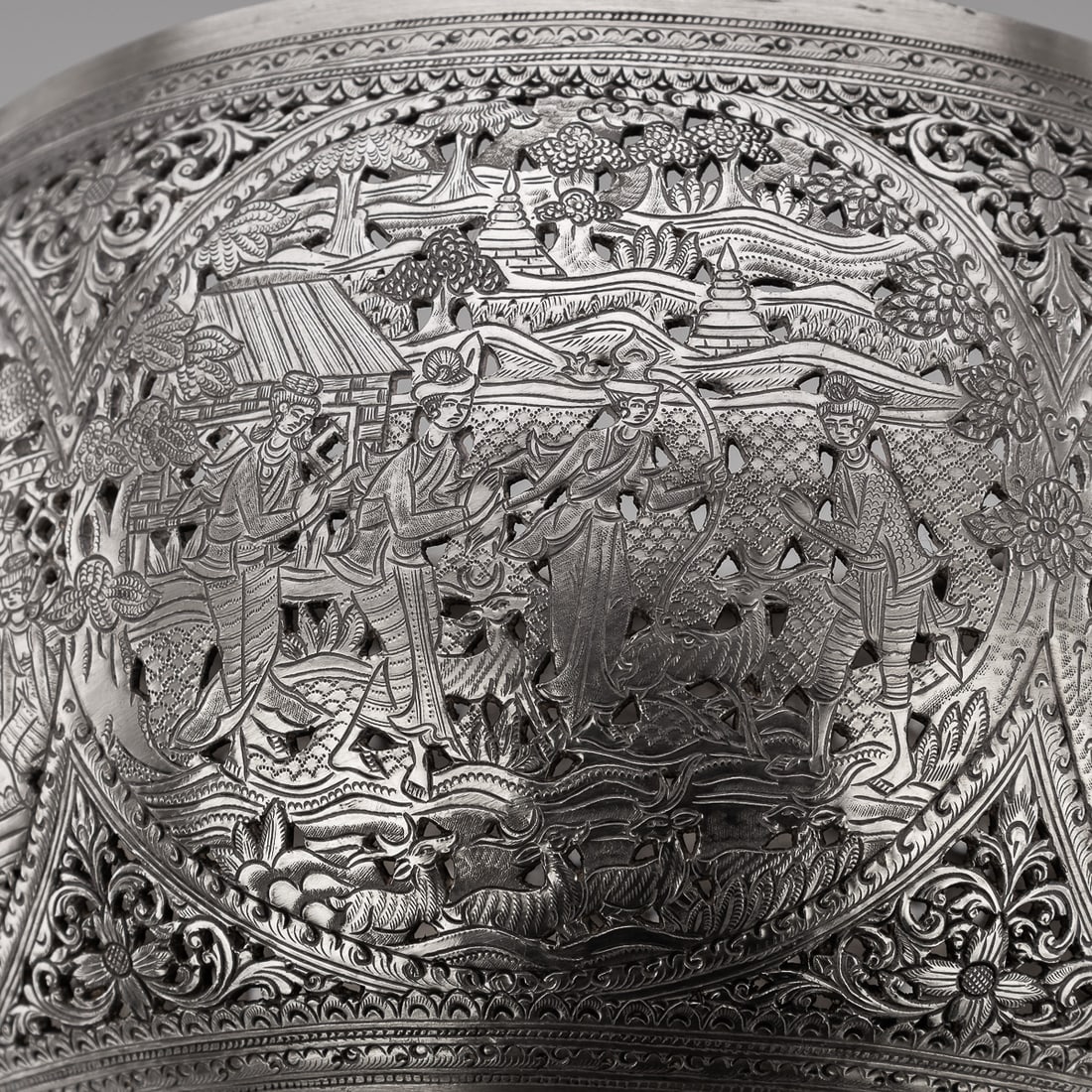 ANTIQUE 20thC BURMESE PIERCED SOLID SILVER "PYUSAWHTI" FOLK TALE BOWL c.1918 - 13