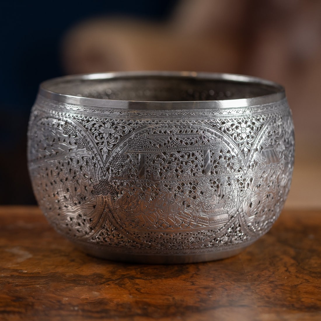 ANTIQUE 20thC BURMESE PIERCED SOLID SILVER "PYUSAWHTI" FOLK TALE BOWL c.1918 - 2