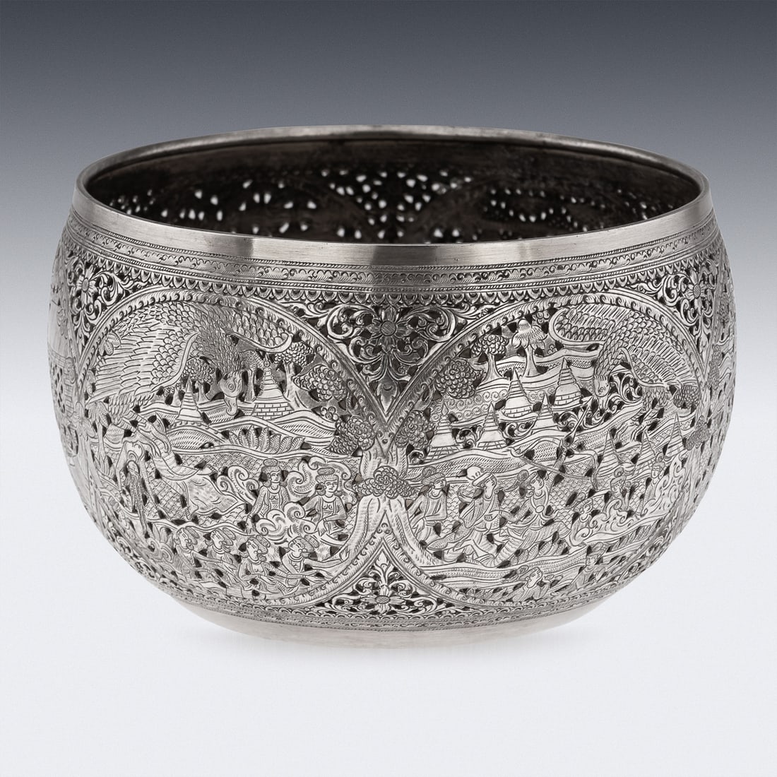 ANTIQUE 20thC BURMESE PIERCED SOLID SILVER "PYUSAWHTI" FOLK TALE BOWL c.1918 - 3