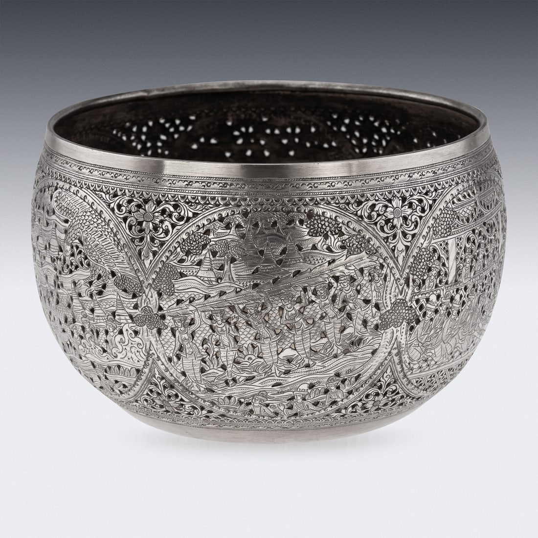 ANTIQUE 20thC BURMESE PIERCED SOLID SILVER "PYUSAWHTI" FOLK TALE BOWL c.1918 - 4